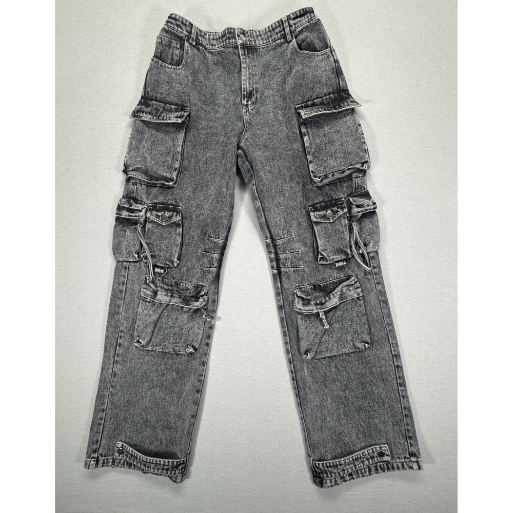 The Play Boutique Womens Cargo Pants Relaxed Gray Acid Wash Multi Pocket Large